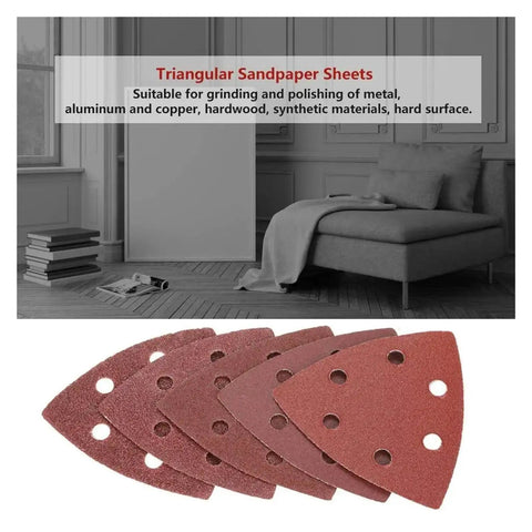 Get A Serious Grip With This 90 Piece Set Of Triangle Sandpaper Discs Featuring Hook And Loop Backing Plus Dust-Venting Holes laid out on a flat surface.