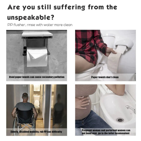 Collage showing toilet paper issues and bidet use benefits, highlighting bathroom hygiene challenges and solutions.