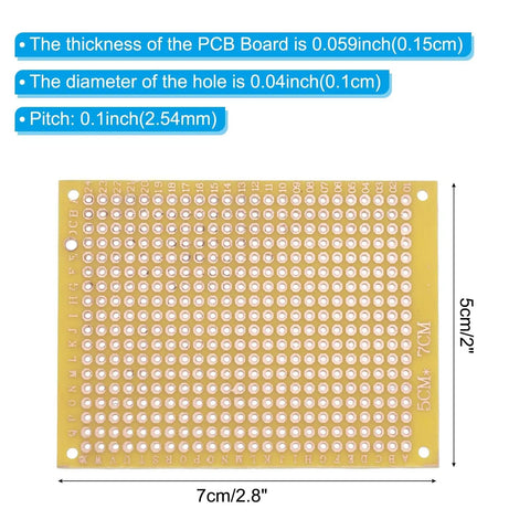12 Pack 2 By 2.8 Inch Single Sided PCB Prototyping Boards For DIY Electronics Projects Yellow Copper Plated FR4 Solderable Breadboard With 0.1 Inch Pitch, showing board dimensions and hole size