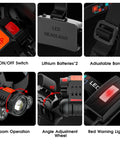 Beast Mode Bright Rechargeable LED Headlamp With 6000 Lumen Beam, showing zoom, angle adjust, and battery features