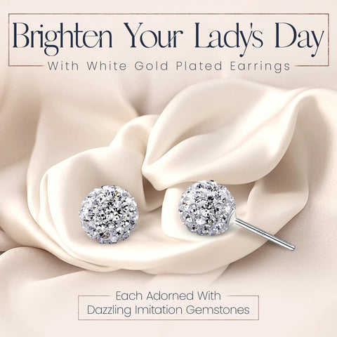 8 mm Disco Ball Stud Earrings In 925 Sterling Silver With White Crystals For Women, small round studs on cream fabric