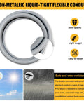 Three Quarter Inch Four Foot Liquid Tight Electrical Conduit Kit With Flexible Pro Grade Non Metallic PVC Conduits And One Straight And One 90 Degree Fitting Includes Pipe Straps For Easy Wire Pulling And Durable Indoors And Outdoors, coiled gray PVC conduit