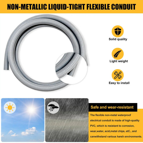 Three Quarter Inch Four Foot Liquid Tight Electrical Conduit Kit With Flexible Pro Grade Non Metallic PVC Conduits And One Straight And One 90 Degree Fitting Includes Pipe Straps For Easy Wire Pulling And Durable Indoors And Outdoors, coiled gray PVC conduit