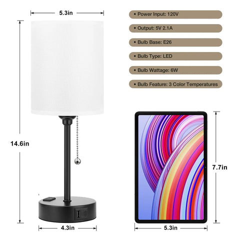 Bedside Table Lamp With 3 Color Temperatures And USB C And USB A Ports, Pull Chain, Built In AC Outlet, size comparison with tablet