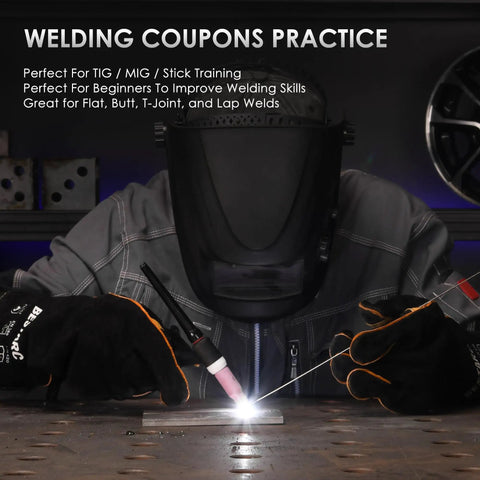 Person welding steel plates, showing use of 20 Pcs 2x4 Inch Mild Steel Welding Plates 11 Gauge 50 x 100 x 3 Mm for practice.