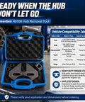 Amerbm 40100 Hub Removal Tool in blue case with accessories, built tough for 5 6 8 lug vehicles, removes stubborn hubs fast.