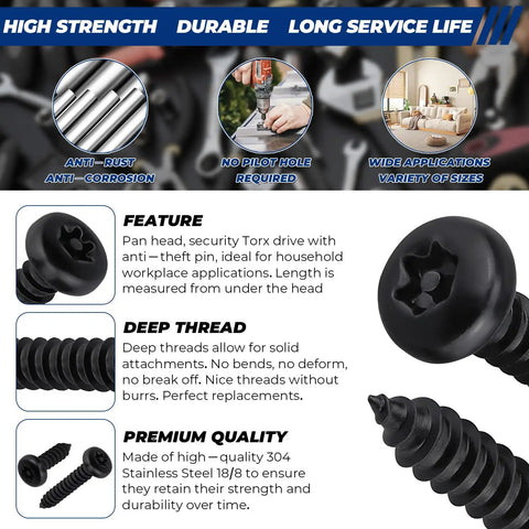 Trusted Shop Gear 100 Pack 10 X 1 Inch Black 304 Stainless Steel Security Torx Pan Head Sheet Metal Screws With T25 Bit for secure mounting.