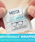 MEDOCA pre-moistened lens wipe sachet for glasses; white wrapper with teal text and glasses icon