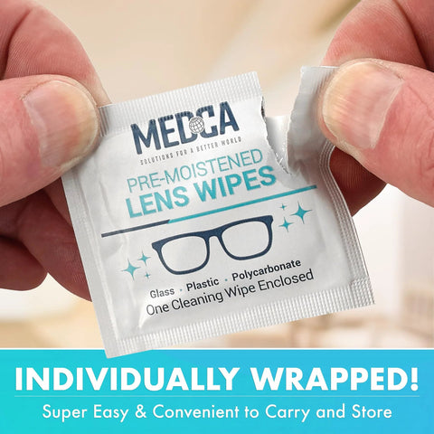 MEDOCA pre-moistened lens wipe sachet for glasses; white wrapper with teal text and glasses icon