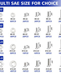 Size chart for All In One Must Have 1575 Piece Stainless Steel Nuts And Bolts Kit With SAE Size Variety, various screws and nuts shown