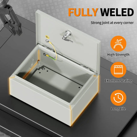 Built Tough Metal Electrical Enclosure Box IP65 Waterproof For Indoor And Outdoor Use open view showcasing hinged door and interior