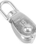 20 Piece M15 Stainless Steel Single Pulley Block For Lifting And Towing, Swivel Hook, Durable Silver Finish, Close-up View