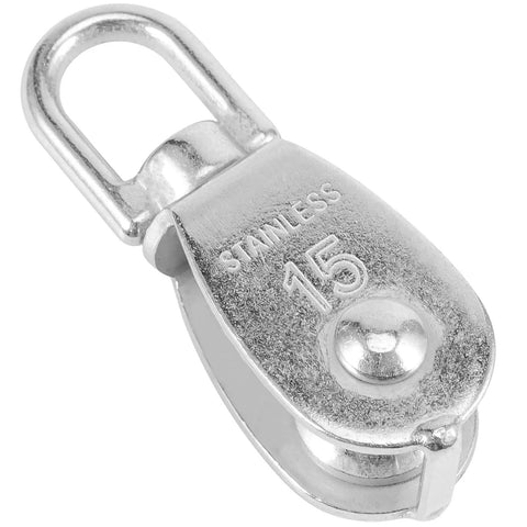 20 Piece M15 Stainless Steel Single Pulley Block For Lifting And Towing, Swivel Hook, Durable Silver Finish, Close-up View