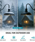 Small Gooseneck Barn Light Outdoor Wall Sconce With Industrial Vintage Charm in snowy and rainy weather with lit cabin view