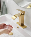 Oil Rubbed Bronze Waterfall Bathroom Faucet For One Hole Sink With Single Handle Modern Vanity Lavatory Tap Includes Pop Up Drain Overflow And Durable SUS 304 Stainless Steel Construction Easy Install Sleek Contemporary Look in use with running water into hands
