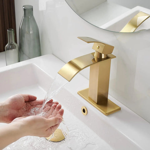 Oil Rubbed Bronze Waterfall Bathroom Faucet For One Hole Sink With Single Handle Modern Vanity Lavatory Tap Includes Pop Up Drain Overflow And Durable SUS 304 Stainless Steel Construction Easy Install Sleek Contemporary Look in use with running water into hands