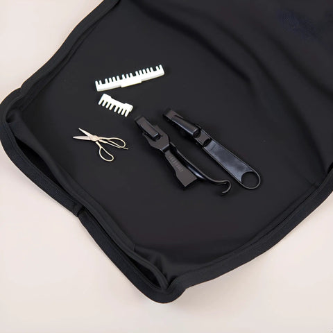 Six Pack Black Zipper Repair Kit Set With Metal Slider Universal Fix For 3 Zip Sizes, including fasteners on black fabric.
