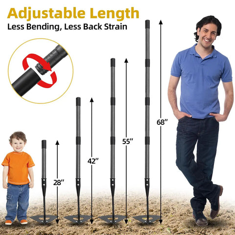 Adjustable Garden Hoe Weeder Removal No Nonsense Heavy Duty Weed Tool For Gardening 55 Inch Long Handle with height comparison.