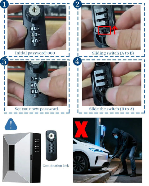 All Weather EV Charger Enclosure With Secure Keypad Lock For Tesla And Most Electric Vehicles setup guide showing combination lock steps.
