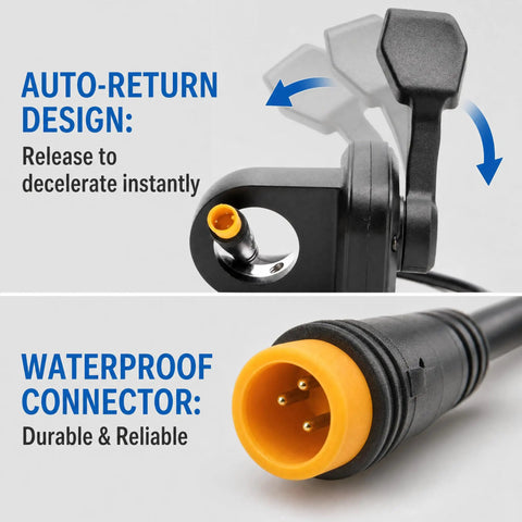 Auto-return design and waterproof connector on Thumb Throttle Accelerator For Electric Scooters, Right Hand Replacement Fit 22mm Handlebars.