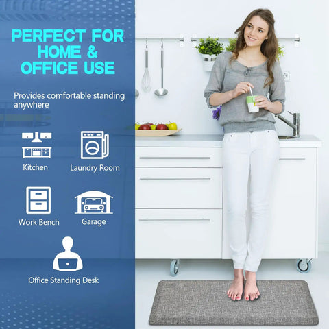 Woman standing on No Slip 0.875 Inch Thick Anti Fatigue Kitchen Floor Mat, Ergonomic Comfort Standing Mat, in a kitchen environment.
