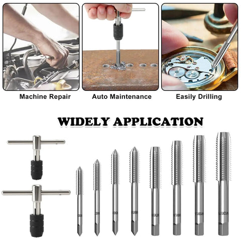 All In One 10 Piece Metric Tap Set With 2 T Handle Wrench, M3 To M12 Thread Taps, hand screw tap kit in use for repairs
