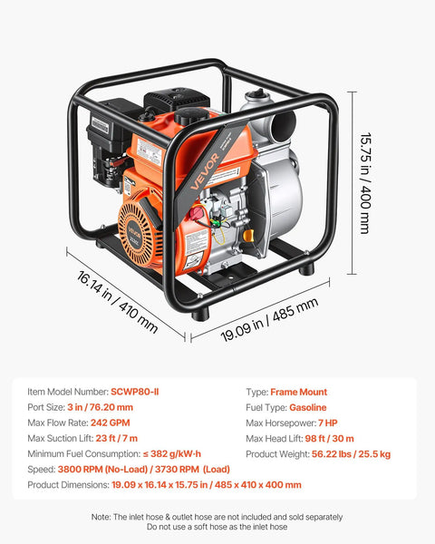 Heavy Duty 7HP Gas Powered Water Pump Pulling 242 GPM Through 3 Inch Intake Featuring A Knockout Cast Iron Impeller Plus 25 Foot Discharge Hose built tough for draining