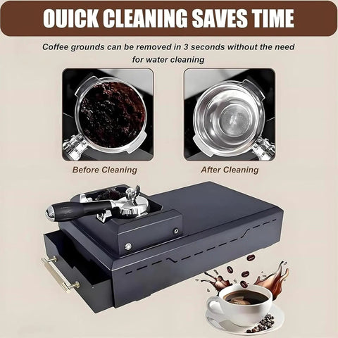 Slick Electric Portafilter Cleaner For 58 Mm Espresso Machines With 300 Rpm Motor showing before and after cleaning coffee grounds.