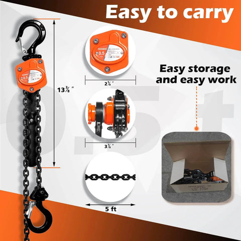 0.5 Ton Mini Lever Chain Hoist 5 Ft Ratchet Chain Puller With Upgraded Longer Handle And Heavy Duty Hooks, easy to carry