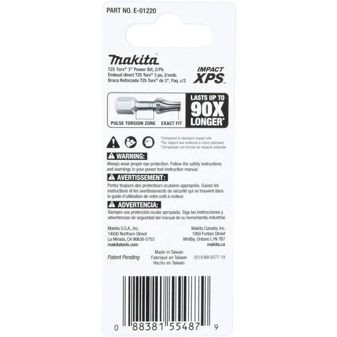 Back packaging of Impact XPS T25 Torx 3 Inch Power Bit 2 Pack For Heavy Duty Driving displaying product details and safety warnings.