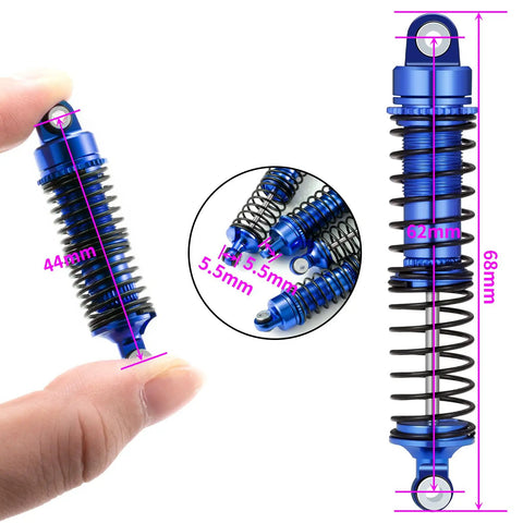 Close-up of 4 Piece Aluminum RC Shocks Kit For 1 To 18 Traxxas LaTrax Teton Desert Prerunner featuring measurements and blue springs.
