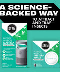 Boxes of STEM Flying Insects Fan Trap and Refills, part of the Indoor Bug Trap With Fan And UV Light That Attracts Mosquitoes Fruit Flies And House Flies Plug In Portable Insect Catcher No Fuss Quiet Operation Starter Kit Includes One Device And Five Glue Traps For Quick Low Noise Pest Control.
