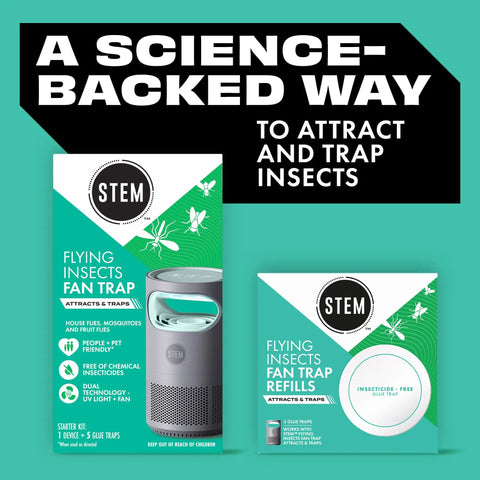 Boxes of STEM Flying Insects Fan Trap and Refills, part of the Indoor Bug Trap With Fan And UV Light That Attracts Mosquitoes Fruit Flies And House Flies Plug In Portable Insect Catcher No Fuss Quiet Operation Starter Kit Includes One Device And Five Glue Traps For Quick Low Noise Pest Control.