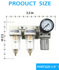 Dual Air Filter And Regulator Combo With Water And Oil Trap Separator And Drying System Pressure Gauge 0 To 150 Psi Manual Drain Poly Bowl And Metal Bracket For One Quarter Inch NPT Lines front view with size and gauge details.