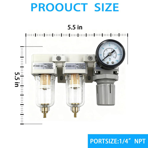 Dual Air Filter And Regulator Combo With Water And Oil Trap Separator And Drying System Pressure Gauge 0 To 150 Psi Manual Drain Poly Bowl And Metal Bracket For One Quarter Inch NPT Lines front view with size and gauge details.