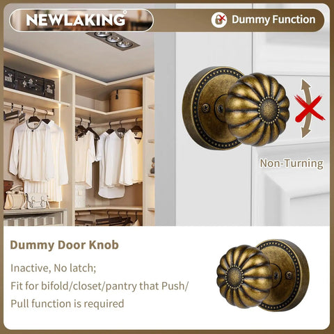 Antique Brass Dummy Door Knob Set for Closet and Pantry Non Turning Interior Door Handles Vintage No Lock Pull Knob for Double Doors