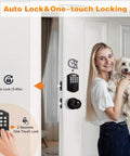 Smart Fingerprint Door Lock With Knob Set For Front Door No Fuss 4 In 1 Keyless Entry Deadbolt Fingerprint Passcode App Control Auto Lock Electronic Door Knob With Smart Keypad Easy Install Black on white front door with woman holding dog