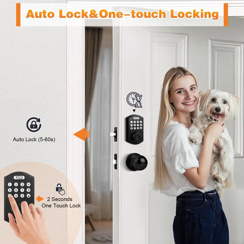 Smart Fingerprint Door Lock With Knob Set For Front Door No Fuss 4 In 1 Keyless Entry Deadbolt Fingerprint Passcode App Control Auto Lock Electronic Door Knob With Smart Keypad Easy Install Black on white front door with woman holding dog