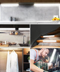 Collage showing Dope 86 LED Wireless Closet Lights With Remote Control used in kitchen, stairs, wardrobe, and car, 3 pack white