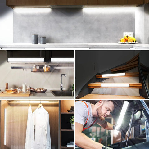 Collage showing Dope 86 LED Wireless Closet Lights With Remote Control used in kitchen, stairs, wardrobe, and car, 3 pack white