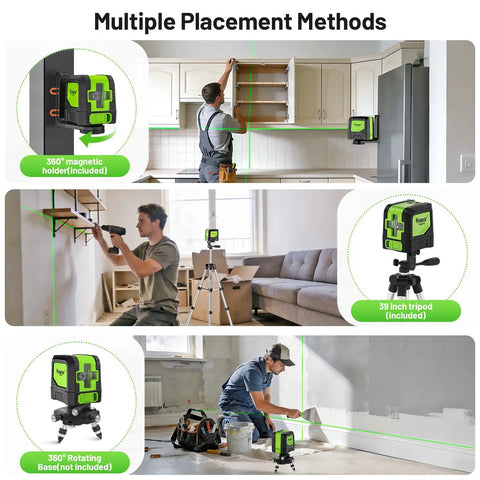 Dope Self Leveling Green Cross Line Laser Level With Tripod, 100Ft Range, Perfect For Picture Hanging, Tile, Decor And DIY Construction, Indoor Use, Battery Powered AA And Picture Hanging Strips Included. 360° magnetic holder and tripod shown
