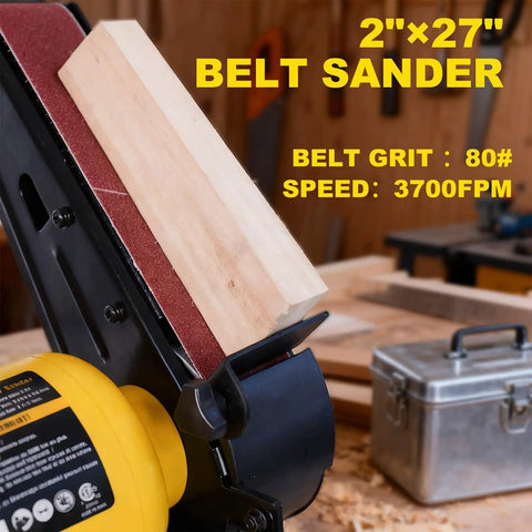 High Speed Bench Grinder And Belt Sander Combo With Two Point Five Amp Motor 6 Inch Grinder And Two 27 Inch Belts For Metal Grinding And Wood Sanding A Versatile Two In One Home Workshop Tool For DIY Projects showing wood block on belt sander.