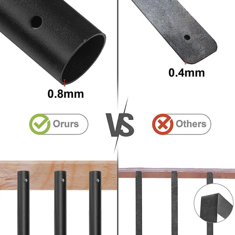 Comparison of Durable Iron Deck Balusters 32.25 Inch Black Spindles with competitor showing thickness and installation detail.