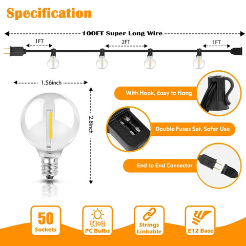 Specifications of 100Ft Outdoor G40 LED Globe String Lights Dimmable Waterproof Shatterproof Connectable Commercial Grade Patio