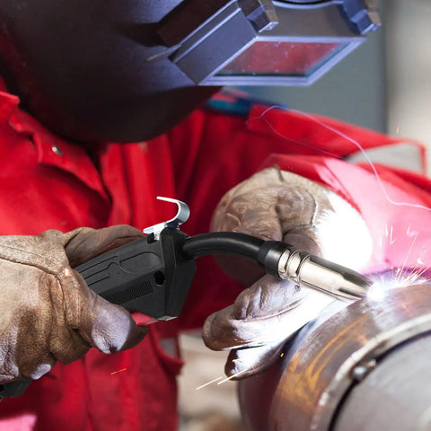 Solid 14k Copper Mig Welding Torch Stinger With Operating Channels That Fits All Standard Wire Sizes in use by a welder.