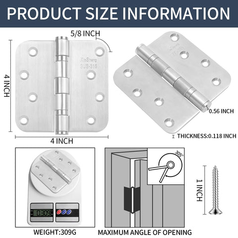 Heavy Duty 4 Inch Door Hinges Marine Grade 316 Stainless Steel Ball Bearing 5 By 8 Radius Rust Proof size details