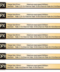 Specifications for various flange sizes of gearboxes, including models 57PX, 60PX, 80PX, 86PX, 110PX, 130PX, 180PX.