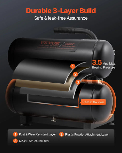 Heavy Duty Oil Free Air Compressor 4.6 Gallon Steel Tank 1 HP 120 Psi Max features durable 3-layer build for leak-free operation.