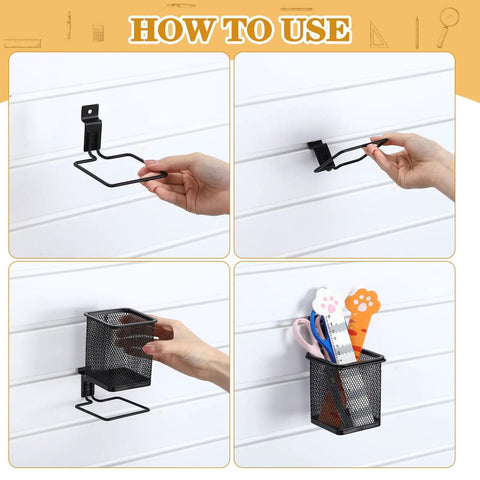 Installation guide for Six Piece Slatwall Cups And Hooks Organizer Set Black Metal Mesh Wire Holder for slatwall storage.