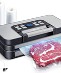 95KPa Dual Pump Vacuum Sealer With Double Heat Seal For Dry And Moist Food in use sealing a steak, dark gray unit